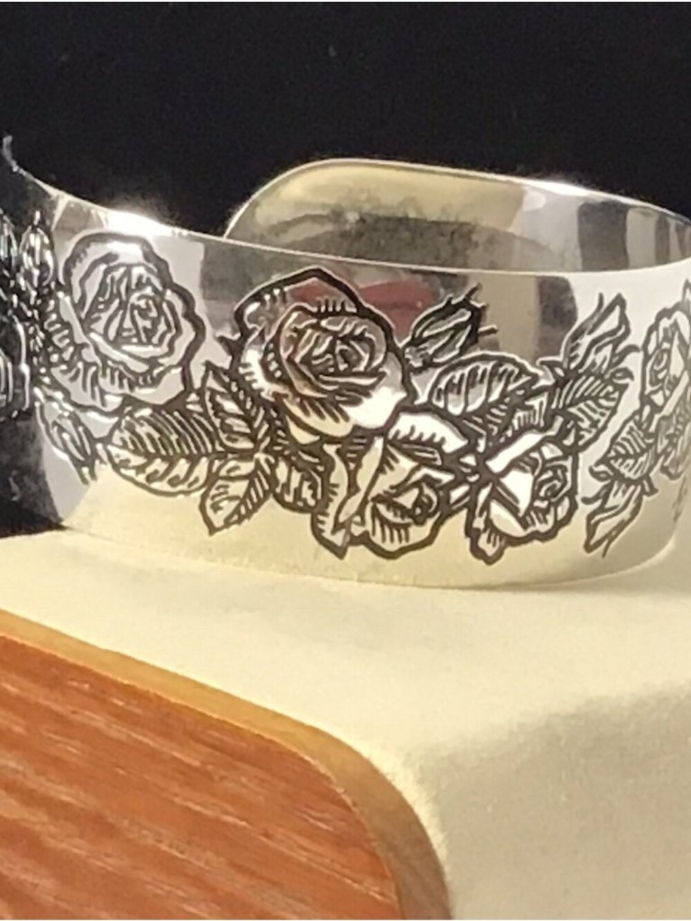 Sterling Silver Cuff Bracelet Engraved Rose Design 27 Grams Size 7”